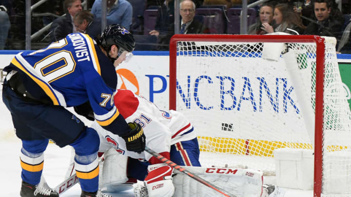 ST. LOUIS, MO. - JANUARY 10: St. Louis Blues center Oskar Sundqvist (70) scores on a breakaway in the second period during an NHL game between the Montreal Canadiens and the St. Louis Blues on January 10, 2019, at Enterprise Center, St. Louis, MO. (Photo by Keith Gillett/Icon Sportswire via Getty Images)