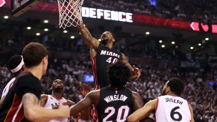 May 11, 2016; Toronto, Ontario, CAN; Miami Heat forward Udonis Haslem (40) scores a basket against the Toronto Raptors in game five of the second round of the NBA Playoffs at Air Canada Centre. The Raptors beat the Heat 99-91. Mandatory Credit: Tom Szczerbowski-USA TODAY Sports