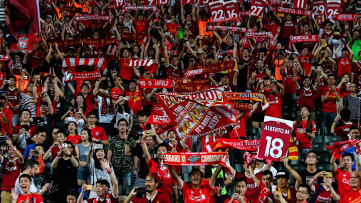 HONG KONG - JULY 22: All Liverpool fans celebrate at the Premier League Asia Trophy match after defeating Leicester City F.C. 2-1 in the final at Hong Kong Stadium on July 22, 2017 in Hong Kong, Hong Kong. (Photo by Keith Tsuji/Getty Images)