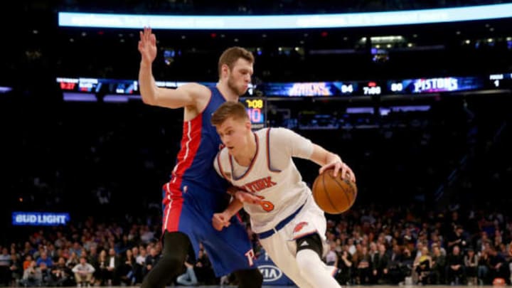NEW YORK, NY – MARCH 27: Kristaps Porzingis #6 of the New York Knicks heads for the net as Jon Leuer #30 of the Detroit Pistons defends at Madison Square Garden on March 27, 2017 in New York City. NOTE TO USER: User expressly acknowledges and agrees that, by downloading and or using this Photograph, user is consenting to the terms and conditions of the Getty Images License Agreement (Photo by Elsa/Getty Images)