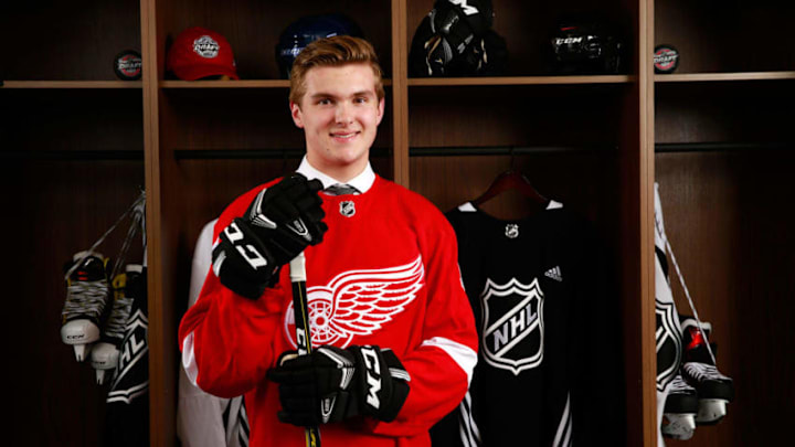 CHICAGO, IL - JUNE 23: Michael Rasmussen, ninth overall pick of the Detroit Red Wings, poses for a portrait during Round One of the 2017 NHL Draft at United Center on June 23, 2017 in Chicago, Illinois. (Photo by Jeff Vinnick/NHLI via Getty Images)