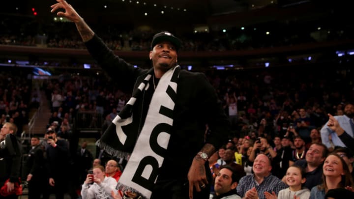 NEW YORK, NEW YORK - JANUARY 27: Former New York Knicks player Carmelo Anthony waves to the fans in the first quarter against the Miami Heat at Madison Square Garden on January 27, 2019 in New York City.NOTE TO USER: User expressly acknowledges and agrees that, by downloading and or using this photograph, User is consenting to the terms and conditions of the Getty Images License Agreement. (Photo by Elsa/Getty Images)