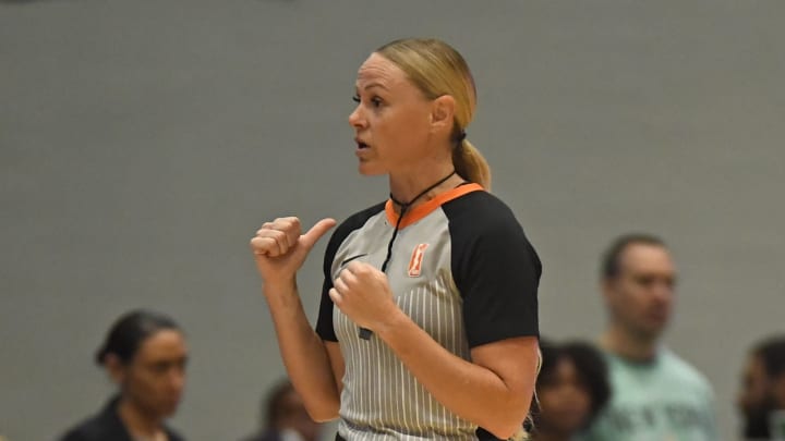 NEW YORK, NY – AUGUST 27: Referee Tiffany Bird #25 makes a call during the game between the New York Liberty and the Phoenix Mercury on August 27, 2019 at the Westchester County Center in White Plains, New York. NOTE TO USER: User expressly acknowledges and agrees that, by downloading and/or using this photograph, user is consenting to the terms and conditions of the Getty Images License Agreement. Mandatory Copyright Notice: Copyright 2019 NBAE (Photo by Catalina Fragoso/NBAE via Getty Images)