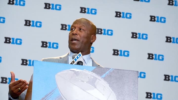 CHICAGO, IL - JULY 24: Illinois Football head coach Lovie Smith takes questions during the Big 10 Football Media Days on July 24, 2017 at Hyatt Regency McCormick Place in Chicago, Illinois. (Photo by Robin Alam/Icon Sportswire via Getty Images)