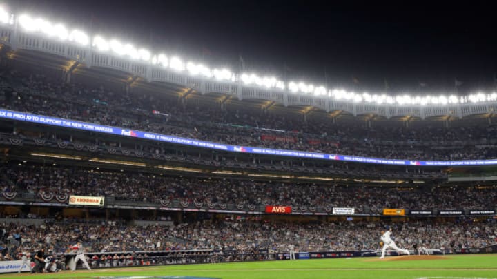 NEW YORK, NY - OCTOBER 9: CC Sabathia #52 of the New York Yankees delivers the first pitch in the first inning during Game 4 of the ALDS against the Boston Red Sox at Yankee Stadium on Tuesday, October 9, 2018, in the Bronx borough of New York City. (Photo by Alex Trautwig/MLB Photos via Getty Images)