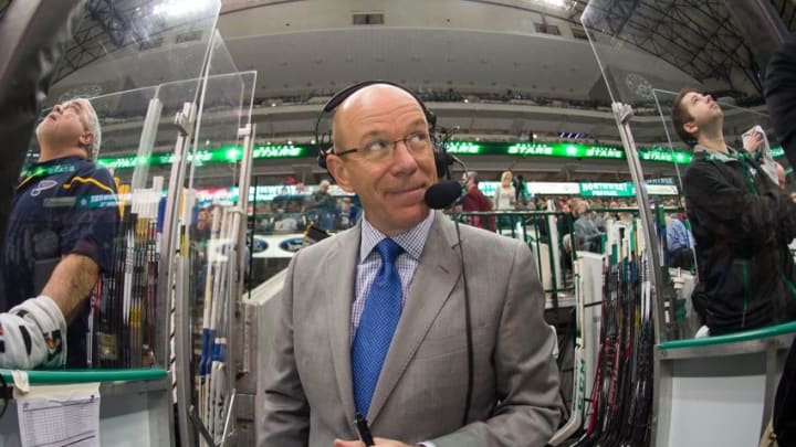 Mar 15, 2015; Dallas, TX, USA; St. Louis Blues television color commentator and former NHL goalie Darren Pang calls the game between the Dallas Stars and the Blues at the American Airlines Center. The Blues shut out the Stars 3-0. Mandatory Credit: Jerome Miron-USA TODAY Sports