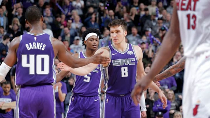 SACRAMENTO, CA - FEBRUARY 8: Harrison Barnes #40 and Bogdan Bogdanovic #8 of the Sacramento Kings high five during the game against the Miami Heat on February 8, 2019 at Golden 1 Center in Sacramento, California. NOTE TO USER: User expressly acknowledges and agrees that, by downloading and/or using this photograph, user is consenting to the terms and conditions of the Getty Images License Agreement. Mandatory Copyright Notice: Copyright 2019 NBAE (Photo by Rocky Widner/NBAE via Getty Images)