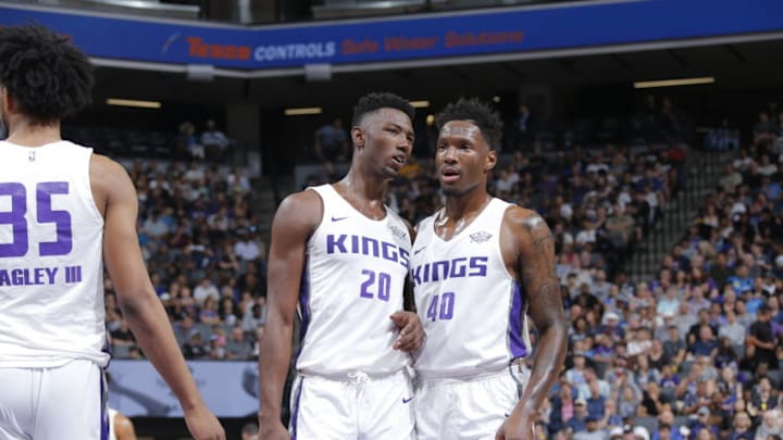 SACRAMENTO, CA - JULY 3: Harry Giles III #20 and Nigel Hayes #40 of the Sacramento Kings speak during the game against the Golden State Warriors on July 3, 2018 at Golden 1 Center in Sacramento, California. NOTE TO USER: User expressly acknowledges and agrees that, by downloading and or using this Photograph, user is consenting to the terms and conditions of the Getty Images License Agreement. Mandatory Copyright Notice: Copyright 2018 NBAE (Photo by Rocky Widner/NBAE via Getty Images)
