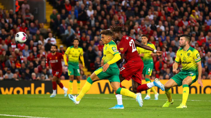 LIVERPOOL, ENGLAND - AUGUST 09: Divock Origi of Liverpool scores his side's fourth goal during the Premier League match between Liverpool FC and Norwich City at Anfield on August 09, 2019 in Liverpool, United Kingdom. (Photo by Chris Brunskill/Fantasista/Getty Images)