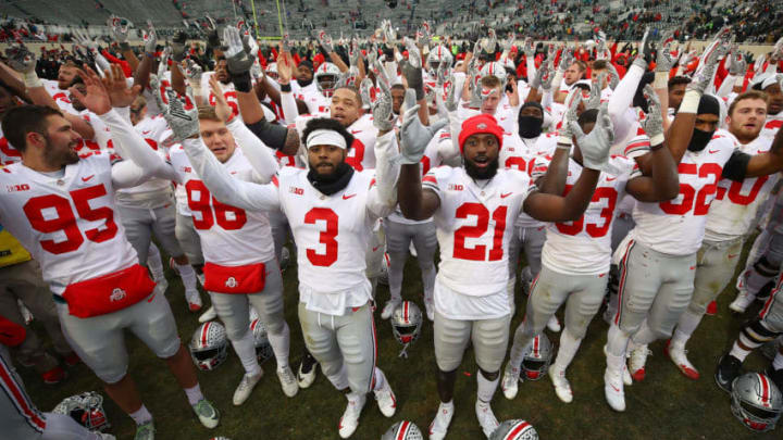 EAST LANSING, MI - NOVEMBER 10: The Ohio State Buckeyes celebrate a 26-6 win over the Michigan State Spartans at Spartan Stadium on November 10, 2018 in East Lansing, Michigan. (Photo by Gregory Shamus/Getty Images)