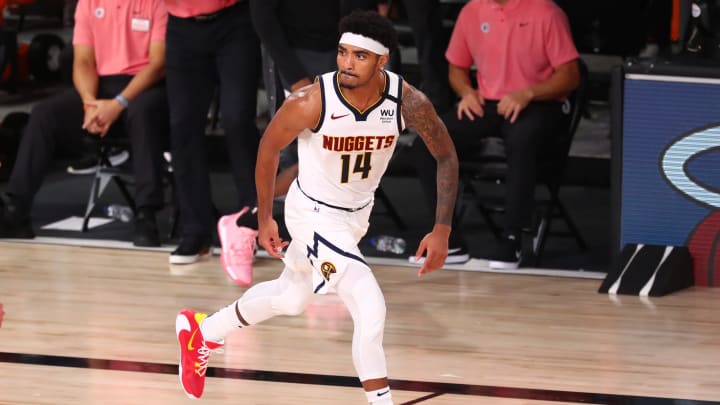Sep 15, 2020; Lake Buena Vista, Florida, USA; Denver Nuggets guard Gary Harris (14) reacts during the second half in game seven of the second round of the 2020 NBA Playoffs against the Los Angeles Clippers at ESPN Wide World of Sports Complex. Mandatory Credit: Kim Klement-USA TODAY Sports