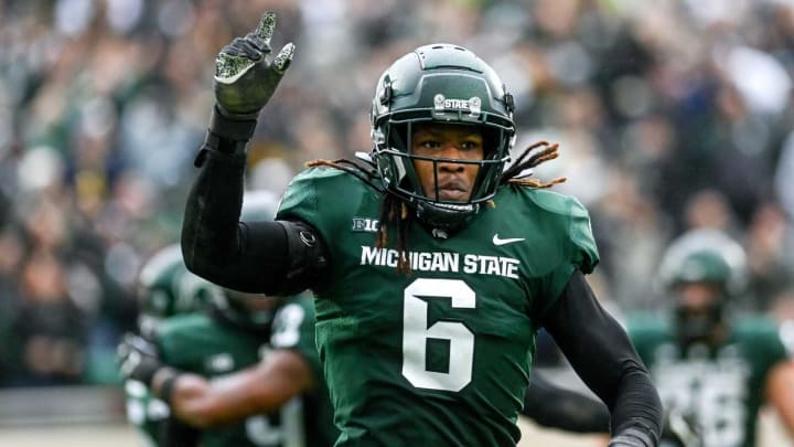 Michigan State’s Quavaris Crouch celebrates a stop the fourth quarter against Michigan.Syndication Lansing State Journal