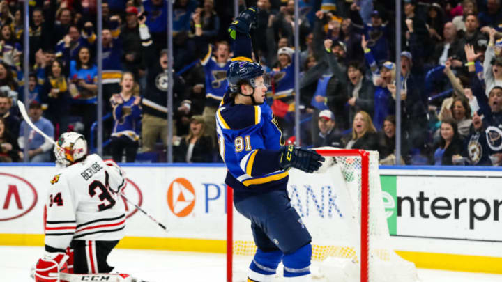 ST. LOUIS, MO - APRIL 04: St. Louis Blues' Vladimir Tarasenko, right, celebrates scoring a goal in front of Chicago Blackhawks goaltender J-F Berube (34) during the second period of an NHL hockey game between the St. Louis Blues and the Chicago Blackhawks on April 4, 2018, at Scottrade Center in St. Louis, MO. (Photo by Tim Spyers/Icon Sportswire via Getty Images)