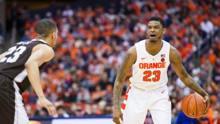 SYRACUSE, NY - DECEMBER 29: Frank Howard #23 of the Syracuse Orange sets the play during the second half against the St. Bonaventure Bonnies at the Carrier Dome on December 29, 2018 in Syracuse, New York. Syracuse defeats St. Bonaventure 81-47. (Photo by Brett Carlsen/Getty Images)