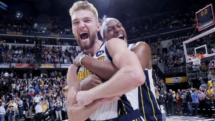 INDIANAPOLIS, IN – MARCH 14: Domantas Sabonis #11 and Myles Turner #33 of the Indiana Pacers react after defeating the Oklahoma City Thunder on March 14, 2019 at Bankers Life Fieldhouse in Indianapolis, Indiana. Copyright 2019 NBAE (Photo by Ron Hoskins/NBAE via Getty Images)