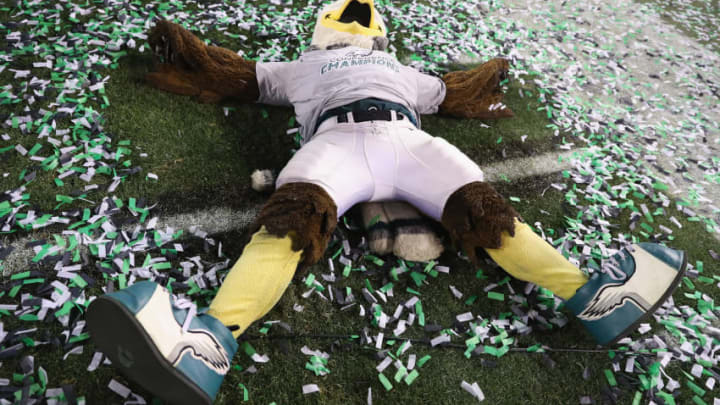 PHILADELPHIA, PA - JANUARY 21: The Philadelphia Eagles mascot makes a snow angel in the confetti after the Philadelphia Eagles defeated the Minnesota Vikings in the NFC Championship game at Lincoln Financial Field on January 21, 2018 in Philadelphia, Pennsylvania.The Philadelphia Eagles defeated the Minnesota Vikings 38-7. (Photo by Abbie Parr/Getty Images)