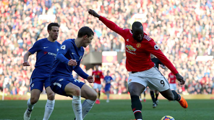 MANCHESTER, ENGLAND - FEBRUARY 25: Romelu Lukaku of Manchester United and Andreas Christensen of Chelsea in action during the Premier League match between Manchester United and Chelsea at Old Trafford on February 25, 2018 in Manchester, England. (Photo by Clive Brunskill/Getty Images)
