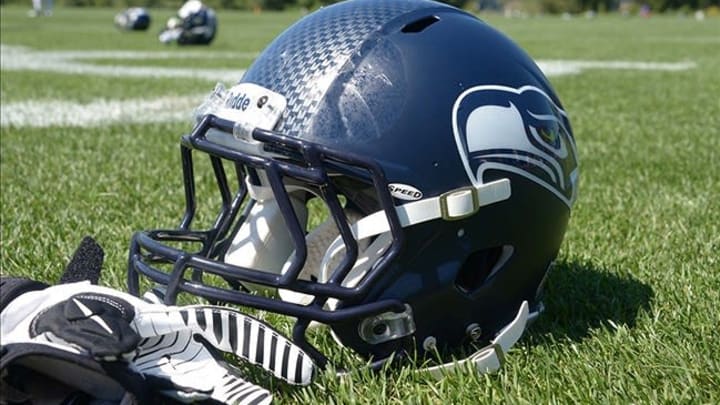 Aug 6, 2013; Renton, WA, USA; General view of Seattle Seahawks helmet and Nike gloves at training camp at the Virginia Mason Athletic Center. Mandatory Credit: Kirby Lee-USA TODAY Sports