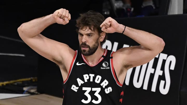 LAKE BUENA VISTA, FLORIDA - SEPTEMBER 03: Marc Gasol #33 of the Toronto Raptors reacts after their win over Boston Celtics in Game Three of the Eastern Conference Second Round during the 2020 NBA Playoffs at the Field House at the ESPN Wide World Of Sports Complex on September 03, 2020 in Lake Buena Vista, Florida. NOTE TO USER: User expressly acknowledges and agrees that, by downloading and or using this photograph, User is consenting to the terms and conditions of the Getty Images License Agreement. (Photo by Douglas P. DeFelice/Getty Images)