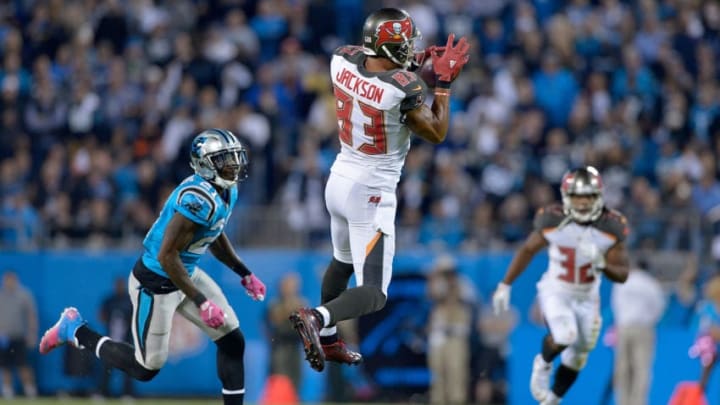 CHARLOTTE, NC - OCTOBER 10: Vincent Jackson #83 of the Tampa Bay Buccaneers makes a jumping catch against the Carolina Panthers in the 1st quarter during the game at Bank of America Stadium on October 10, 2016 in Charlotte, North Carolina. (Photo by Grant Halverson/Getty Images)