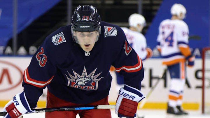 Feb 8, 2021; New York, NY, USA; Adam Fox #23 of the New York Rangers leaves the ice following a 2-0 loss to the New York Islanders at Madison Square Garden on February 08, 2021 in New York City. Mandatory Credit: Bruce Bennett/Pool Photo-USA TODAY Sports