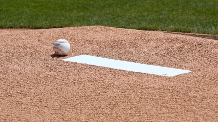 DETROIT, MI - JULY 30: A detailed view of an official Major League baseball sitting on the pitchers mound next to the rubber prior to the start of the game between the Detroit Tigers and the Houston Astros at Comerica Park on July 30, 2017 in Detroit, Michigan. The Tigers defeated the Astros 13-1. (Photo by Mark Cunningham/MLB Photos via Getty Images)