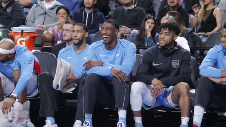 SACRAMENTO, CA - MARCH 19: Garrett Temple #17, Iman Shumpert #4 and Frank Mason III #10 of the Sacramento Kings look on during the game against the Detroit Pistons on March 19, 2018 at Golden 1 Center in Sacramento, California. NOTE TO USER: User expressly acknowledges and agrees that, by downloading and or using this photograph, User is consenting to the terms and conditions of the Getty Images Agreement. Mandatory Copyright Notice: Copyright 2018 NBAE (Photo by Rocky Widner/NBAE via Getty Images)