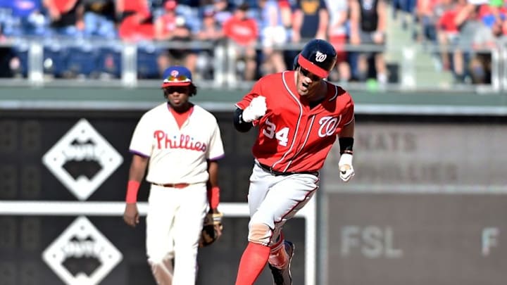 Apr 17, 2016; Philadelphia, PA, USA; Washington Nationals right fielder Bryce Harper (34) runs the bases after hitting a home run during the tenth inning against the Philadelphia Phillies at Citizens Bank Park. The Phillies defeated the Nationals 3-2 in 10 innings. Mandatory Credit: Eric Hartline-USA TODAY Sports