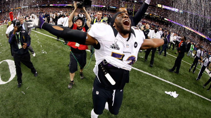 NEW ORLEANS, LA – FEBRUARY 03: Ray Lewis #52 of the Baltimore Ravens celebrates after the Ravens won 34-31 against the San Francisco 49ers during Super Bowl XLVII at the Mercedes-Benz Superdome on February 3, 2013 in New Orleans, Louisiana. (Photo by Chris Graythen/Getty Images)