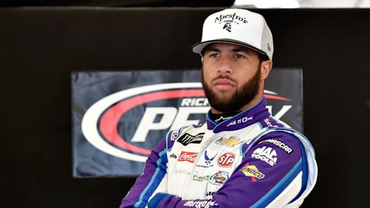 LAS VEGAS, NV - JANUARY 31: Darrell Wallace Jr., driver of the #43 Click n' Close Ford at Las Vegas looks on from the garage during the Monster Energy NASCAR Cup Series testing on January 31, 2018 in Las Vegas, Nevada. (Photo by David Becker/Getty Images for NASCAR)
