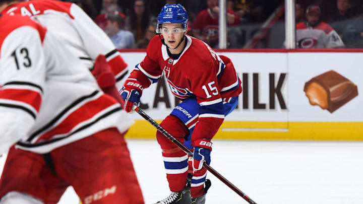 MONTREAL, QC - NOVEMBER 27: Montreal Canadiens center Jesperi Kotkaniemi (15) tracks the play during the Carolina Hurricanes versus the Montreal Canadiens game on November 27, 2018, at Bell Centre in Montreal, QC (Photo by David Kirouac/Icon Sportswire via Getty Images)