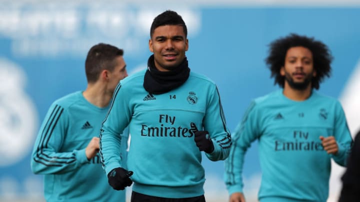 MADRID, SPAIN - FEBRUARY 17: Casemiro of Real Madrid warms up during a training session at Valdebebas training ground on February 17, 2018 in Madrid, Spain. (Photo by Angel Martinez/Real Madrid via Getty Images)