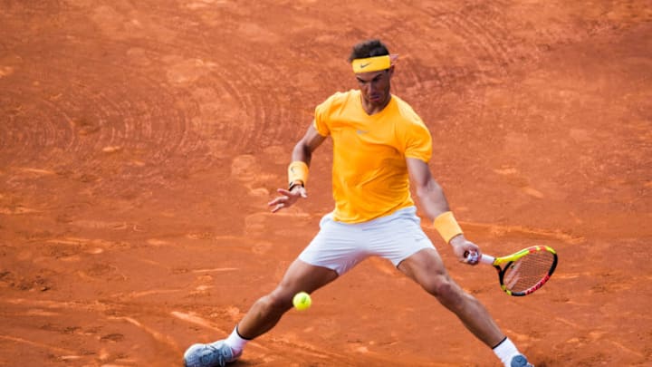 BARCELONA, SPAIN - APRIL 28: Rafael Nadal of Spain plays a forehand against David Goffin of Belgium in their semi-final match during day six of the Barcelona Open Banc Sabadell on April 28, 2018 in Barcelona, Spain. (Photo by Alex Caparros/Getty Images)