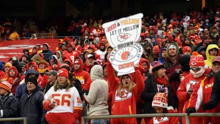 Dec 27, 2015; Kansas City, MO, USA; Kansas City Chiefs fans cheer against the Cleveland Browns in the second half at Arrowhead Stadium. Kansas City won the game 17-13. Mandatory Credit: John Rieger-USA TODAY Sports