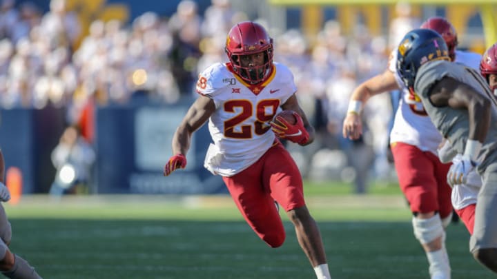 MORGANTOWN, WV - OCTOBER 12: Iowa State Cyclones running back Breece Hall (28) runs the football during the first quarter of the college football game between the Iowa State Cyclones and the West Virginia Mountaineers on October 12, 2019, at Mountaineer Field at Milan Puskar Stadium in Morgantown, WV. (Photo by Frank Jansky/Icon Sportswire via Getty Images)