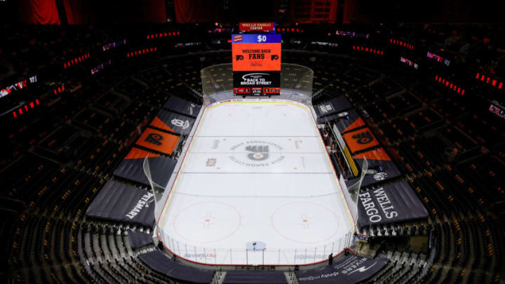 PHILADELPHIA, PENNSYLVANIA - MARCH 07: A general view before a game between the Philadelphia Flyers and the Washington Capitals at Wells Fargo Center on March 07, 2021 in Philadelphia, Pennsylvania. Fans will be allowed at the arena for the first time in 362 days. (Photo by Tim Nwachukwu/Getty Images)