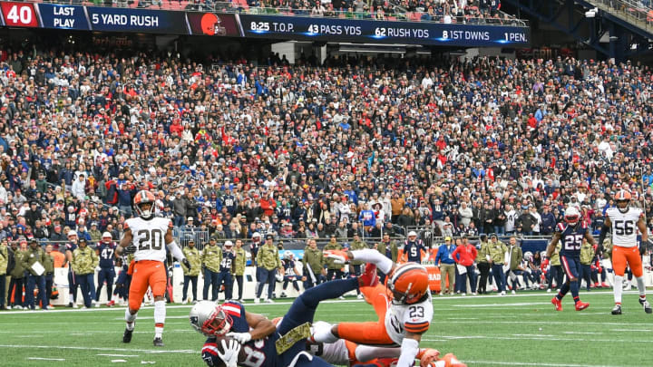 Nov 14, 2021; Foxborough, Massachusetts, USA; New England Patriots wide receiver Kendrick Bourne (84) catches a ball for a touchdown in front of Cleveland Browns outside linebacker Jeremiah Owusu-Koramoah (28) during the first half at Gillette Stadium. Mandatory Credit: Brian Fluharty-USA TODAY Sports