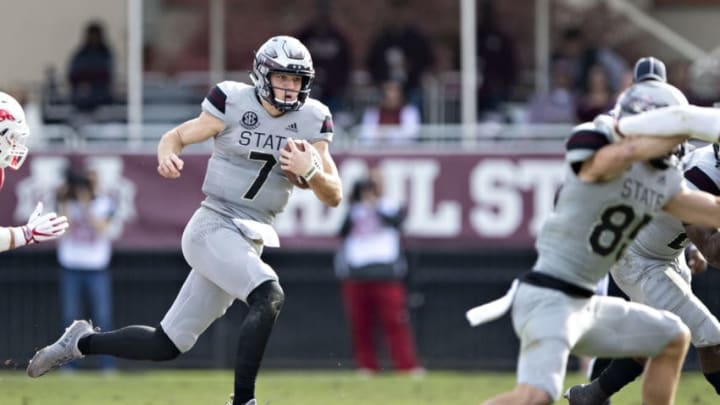STARKVILLE, MS - NOVEMBER 17: Nick Fitzgerald #7 of the Mississippi State Bulldogs runs the ball in the second half of a game against the Arkansas Razorbacks at Davis Wade Stadium on November 17, 2018 in Starkville, Mississippi. The Bulldogs defeated the Razorbacks 52-6. (Photo by Wesley Hitt/Getty Images)