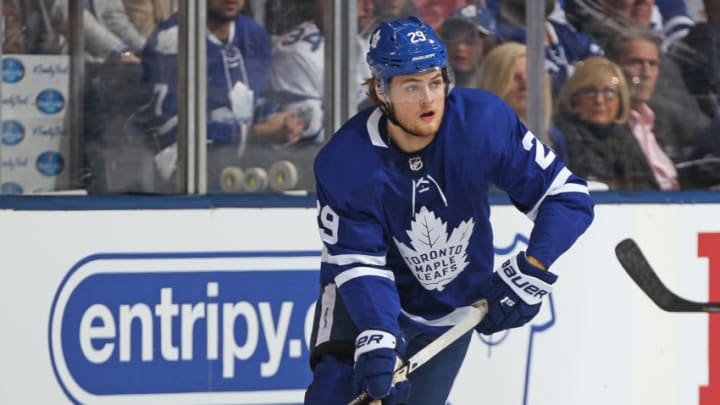 TORONTO, ON - APRIL 23: William Nylander #29 of the Toronto Maple Leafs skates with the puck against the Boston Bruins in Game Six of the Eastern Conference First Round in the 2018 Stanley Cup Play-offs at the Air Canada Centre on April 23, 2018 in Toronto, Ontario, Canada. The Maple Leafs defeated the Bruins 3-1.(Photo by Claus Andersen/Getty Images) *** Local Caption *** William Nylander