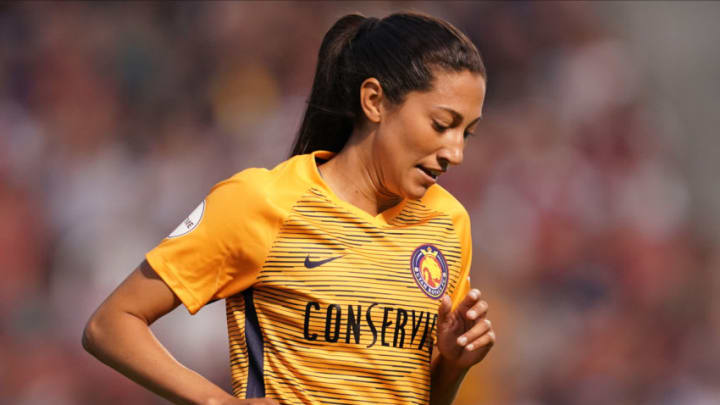 SANDY, UT - JULY 19: Forward Christen Press #23 of Utah Royals FC after her missed chance of scoring during the NWSL game between Utah Royals FC and Portland Thorns FC at Rio Tinto Stadium on July 19, 2019 in Sandy, Utah. (Photo by Daniela Porcelli/Getty Images)