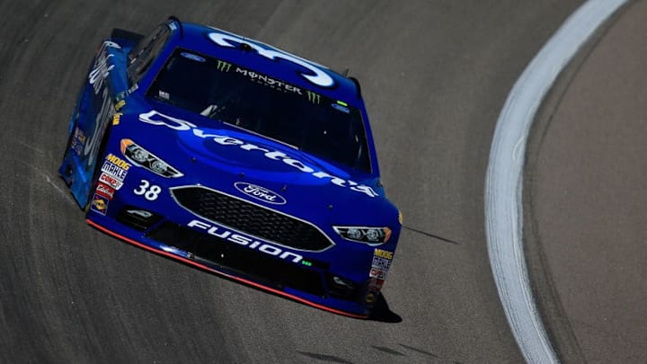 KANSAS CITY, KS - MAY 12: David Ragan, driver of the #38 Overton's Ford, practices for the Monster Energy NASCAR Cup Series Go Bowling 400 at Kansas Speedway on May 12, 2017 in Kansas City, Kansas. (Photo by Chris Trotman/Getty Images)