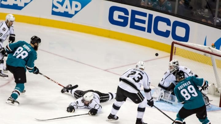 Oct 12, 2016; San Jose, CA, USA; San Jose Sharks defenseman Brent Burns (88) scores a goal against the Los Angeles Kings in the third period at SAP Center at San Jose. The Sharks won 2-1. Mandatory Credit: John Hefti-USA TODAY Sports