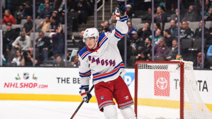 Dec 12, 2019; San Jose, CA, USA; New York Rangers center Ryan Strome (16) celebrates after his teammate left wing Artemi Panarin (10), not pictured, scored his side's sixth goal during the third period at SAP Center in San Jose. Mandatory Credit: Cody Glenn-USA TODAY Sports