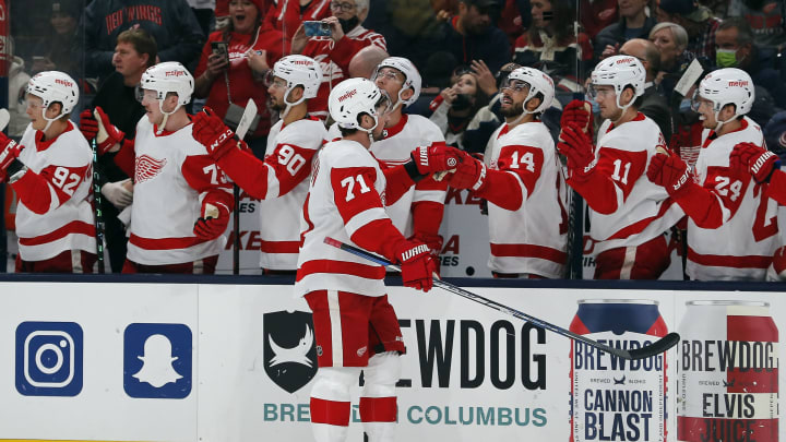 Nov 15, 2021; Columbus, Ohio, USA; Detroit Red Wings Dylan Larkin. Mandatory Credit: Russell LaBounty-USA TODAY Sports