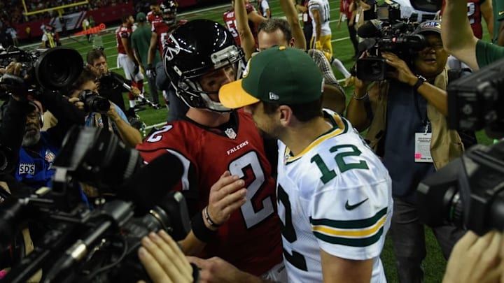 Oct 30, 2016; Atlanta, GA, USA; Atlanta Falcons quarterback Matt Ryan (2) and Green Bay Packers quarterback Aaron Rodgers (12) react after the game at the Georgia Dome. The Falcons defeated the Packers 33-32. Mandatory Credit: Dale Zanine-USA TODAY Sports Oct 30, 2016; Atlanta, GA, USA; Atlanta Falcons quarterback Matt Ryan (2) and Green Bay Packers quarterback Aaron Rodgers (12) react after the game at the Georgia Dome. The Falcons defeated the Packers 33-32. Mandatory Credit: Dale Zanine-USA TODAY Sports