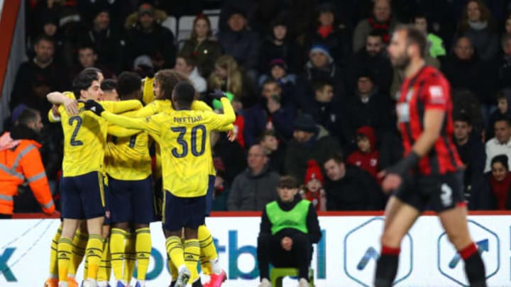 BOURNEMOUTH, ENGLAND – JANUARY 27: Bukayo Saka of Arsenal celebrates with teammates after scoring his team’s first goal during the FA Cup Fourth Round match between AFC Bournemouth and Arsenal at Vitality Stadium on January 27, 2020 in Bournemouth, England. (Photo by Warren Little/Getty Images)