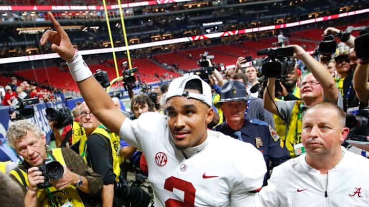 ATLANTA, GA - DECEMBER 01: Alabama Crimson Tide quarterback Jalen Hurts (2) reacts as he leaves the field following the SEC Championship game of the Georgia Bulldogs v Alabama Crimson Tide at Mercedes-Benz Stadium in Atlanta, GA. (Photo by Todd Kirkland/Icon Sportswire via Getty Images)