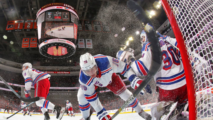 PHILADELPHIA, PA – NOVEMBER 23: Henrik Lundqvist #30, Brady Skjei #76 and Chris Kreider #20 of the New York Rangers battle to defend their open net against the Philadelphia Flyers on November 23, 2018 at the Wells Fargo Center in Philadelphia, Pennsylvania. (Photo by Len Redkoles/NHLI via Getty Images)