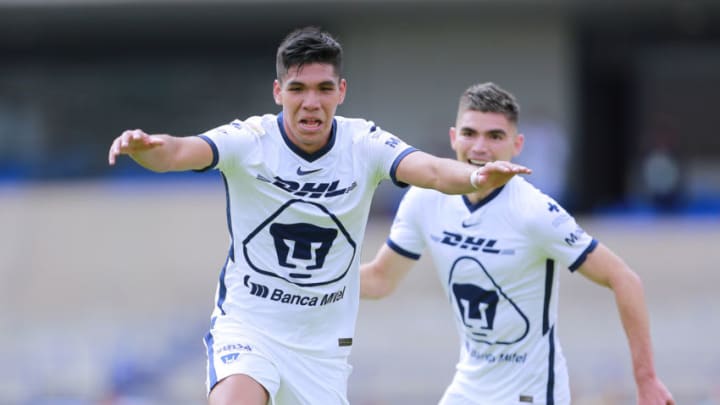 Emanuel Montejano celebrates after scoring for the Pumas on his Liga MX debut. (Photo by Mauricio Salas/Jam Media/Getty Images)