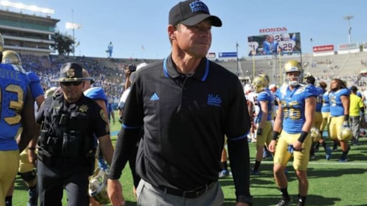 September 5, 2015; Pasadena, CA, USA; UCLA Bruins head coach Jim Mora following the 34-16 victory against the Virginia Cavaliers at the Rose Bowl. Mandatory Credit: Gary A. Vasquez-USA TODAY Sports
